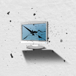 A graphic showing a computer monitor with a cracked screen with fragments flying around.