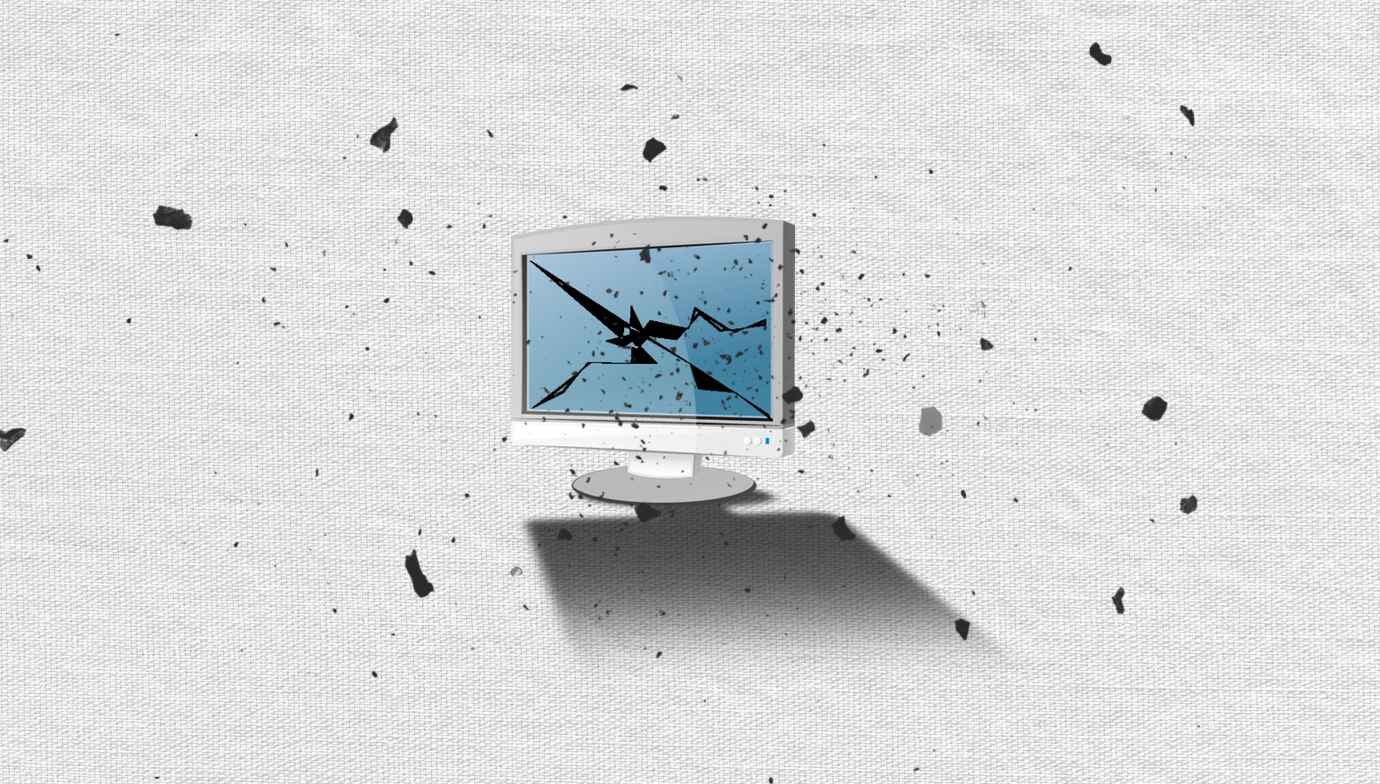 A graphic showing a computer monitor with a cracked screen with fragments flying around.