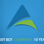 A graphic displaying the AlertBot logo on a blue background with the text "AlertBot Celebrates 10 Years"