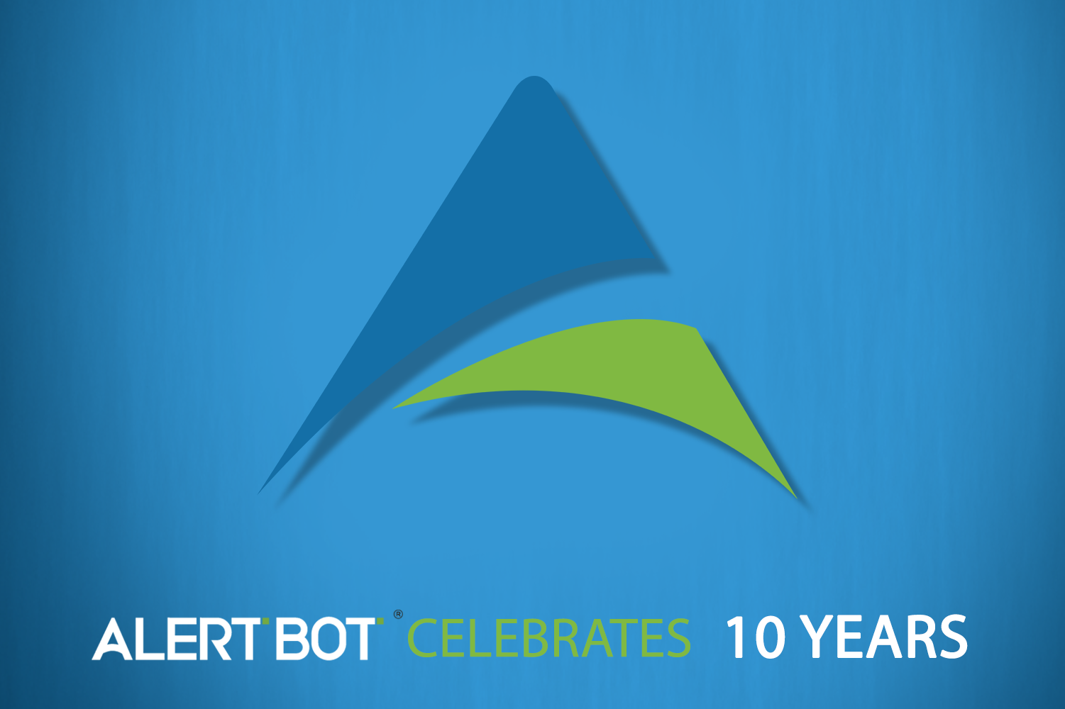 A graphic displaying the AlertBot logo on a blue background with the text "AlertBot Celebrates 10 Years"