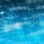 Graphic of futuristic data glowing and flying through the screen