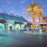 Photo from the outside of Santa Clara Convention Center in Santa Clara, California at night