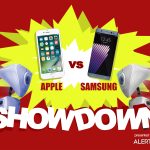 A graphic with a yellow starburst in the center and two robots charging towards each other. Text reads "AlertBot Showdown: Apple vs Samsung" with cellphones above the brand names and the word SHOWDOWN very large at the bottom.