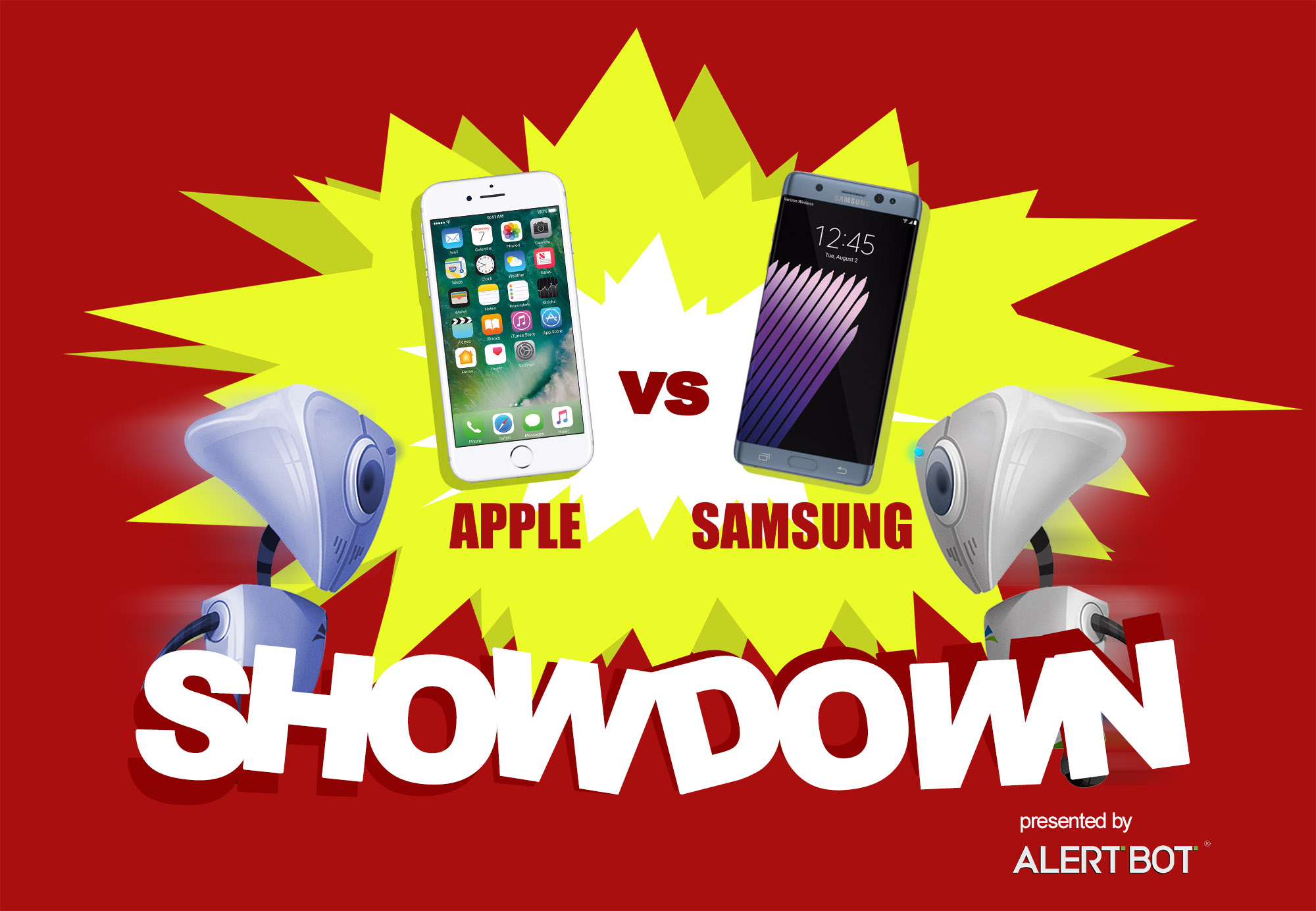 A graphic with a yellow starburst in the center and two robots charging towards each other. Text reads "AlertBot Showdown: Apple vs Samsung" with cellphones above the brand names and the word SHOWDOWN very large at the bottom.