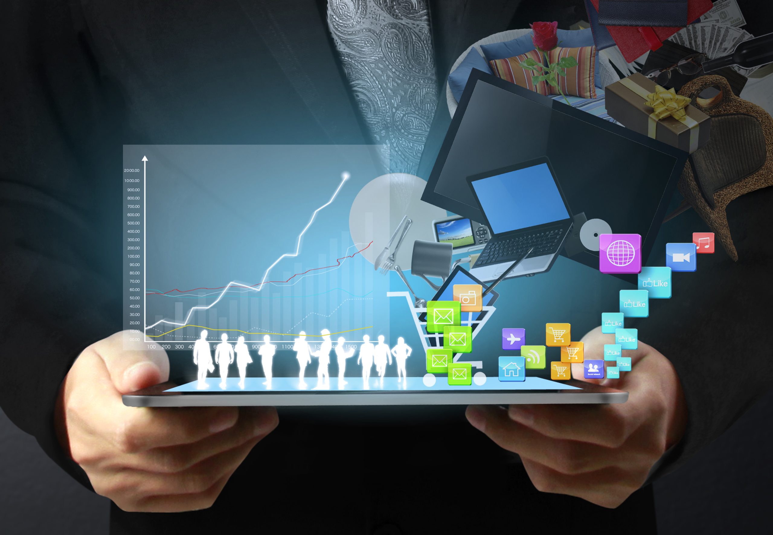 Photo of two hands holding a tablet horizontally with illustrations of graphs and icons floating off the face of the tablet.