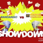 A graphic with a yellow starburst in the center and two robots charging towards each other. Text reads "AlertBot Showdown: Fandango vs MovieTickets.com" with the word SHOWDOWN very large at the bottom. Kernels of popcorn are scattered around the image.