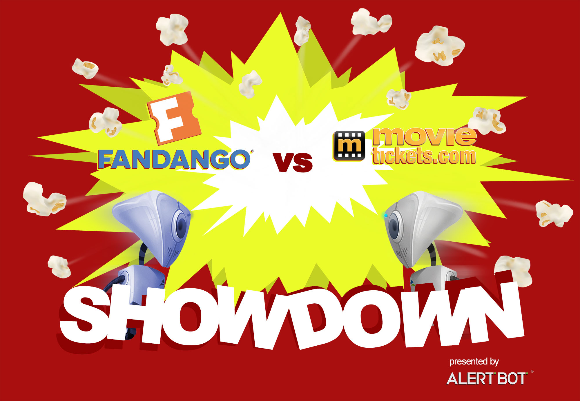 A graphic with a yellow starburst in the center and two robots charging towards each other. Text reads "AlertBot Showdown: Fandango vs MovieTickets.com" with the word SHOWDOWN very large at the bottom. Kernels of popcorn are scattered around the image.