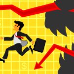 An illustration of a business man with a briefcase running away from a shadowed monster with red eyes and red graph arrows coming from its head and mouth that are pointing downward. The background is a yellow grid with a couple money symbols.