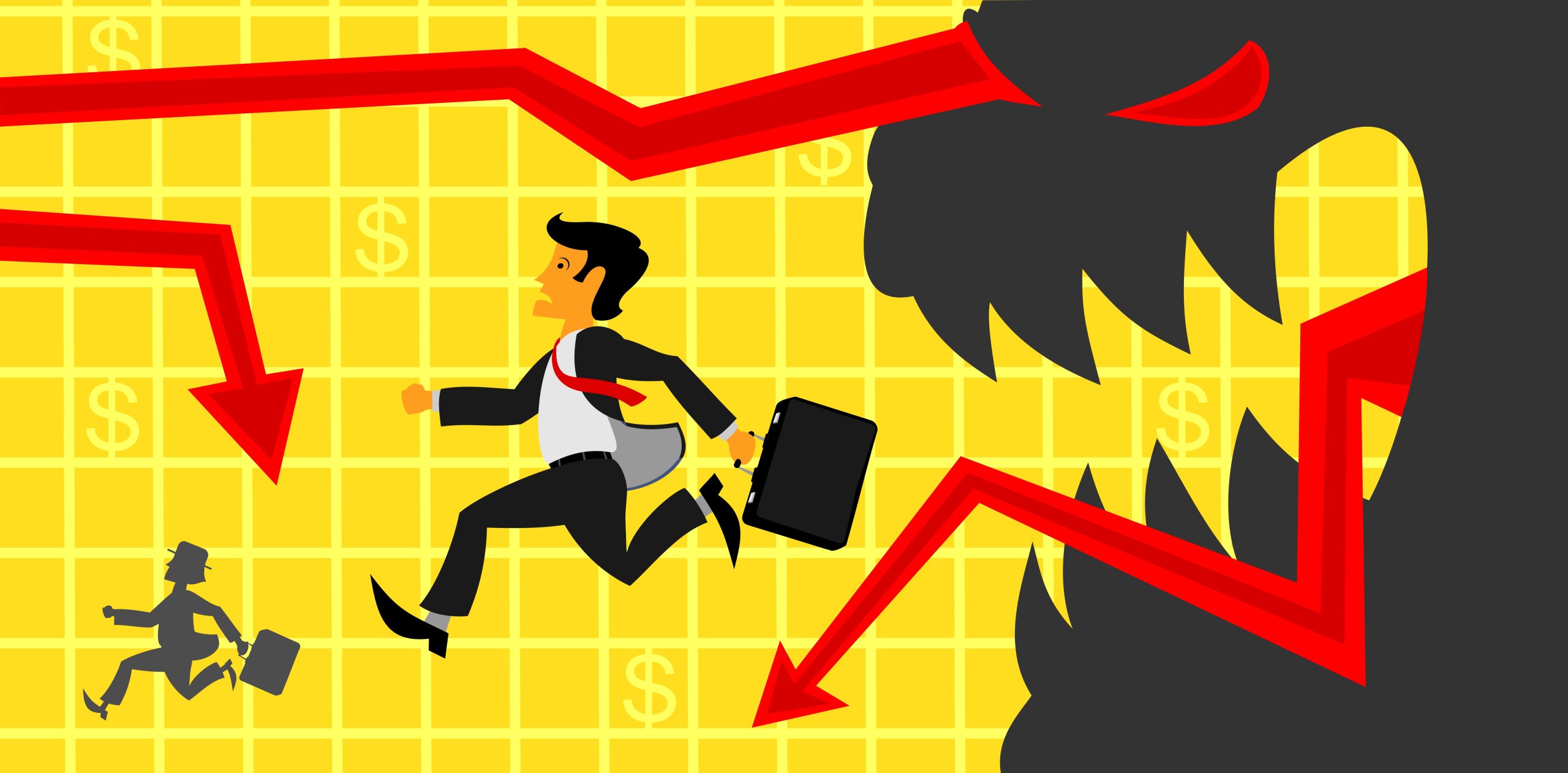 An illustration of a business man with a briefcase running away from a shadowed monster with red eyes and red graph arrows coming from its head and mouth that are pointing downward. The background is a yellow grid with a couple money symbols.