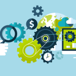 An illustration of an arm and hand holding a magnifying glass up to a bunch of gears and a laptop displaying a bar graph and a gear connected to the other gears.