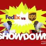 A graphic with a yellow starburst in the center and two robots charging towards each other. Both are carrying rectangular shipping boxes. Text reads "AlertBot Showdown: FedEx vs UPS" with the word SHOWDOWN very large at the bottom.