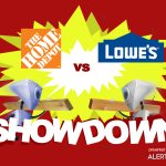 A graphic with a yellow starburst in the center and two robots charging towards each other. Both are carrying planks of wood. Text reads "AlertBot Showdown: The Home Depot vs Lowe's" with the word SHOWDOWN very large at the bottom. Tiny hardware nails are sprinkled around the image.