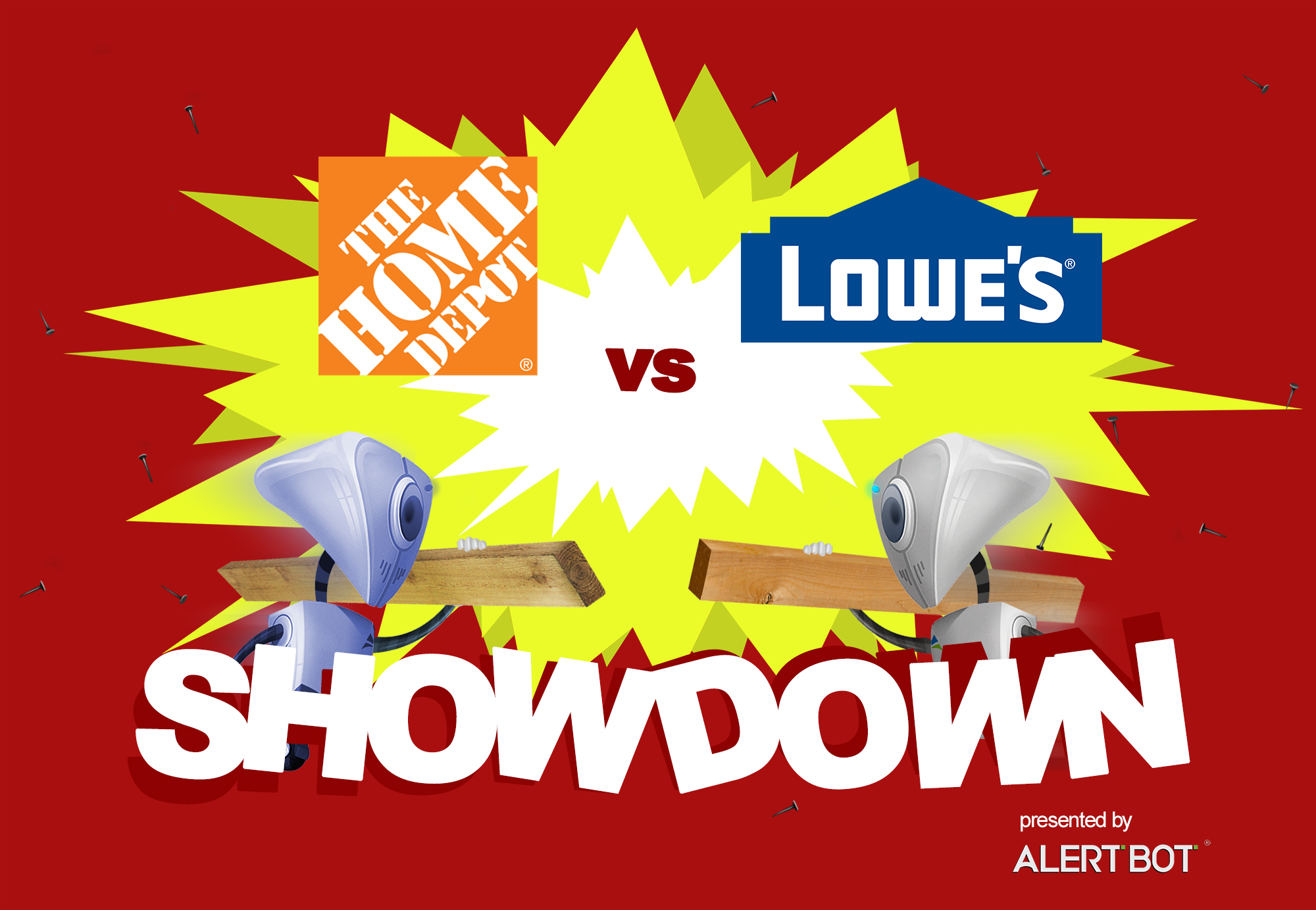 A graphic with a yellow starburst in the center and two robots charging towards each other. Both are carrying planks of wood. Text reads "AlertBot Showdown: The Home Depot vs Lowe's" with the word SHOWDOWN very large at the bottom. Tiny hardware nails are sprinkled around the image.