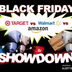 A graphic with a yellow starburst in the center and two robots charging towards a third robot. The two on the left are carrying shopping bags. The one on the right is carrying a box. The text reads "Black Friday - AlertBot Showdown: Target vs Walmart vs Amazon" with the word SHOWDOWN very large at the bottom.