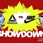 A graphic with a yellow starburst in the center and two robots charging towards each other. Both are wearing athletic brand headwear. Text reads "AlertBot Showdown: Reebok vs Nike" with the word SHOWDOWN very large at the bottom.