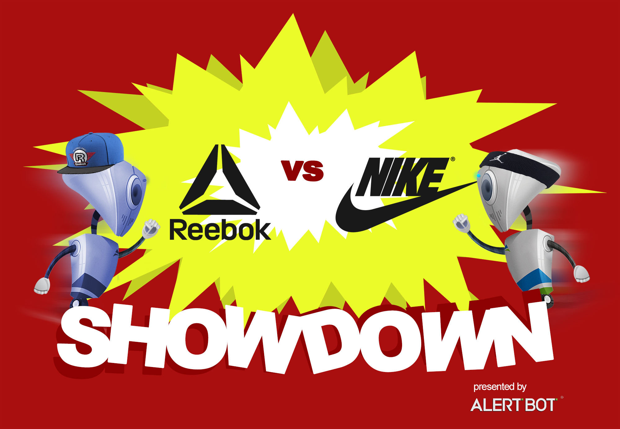 A graphic with a yellow starburst in the center and two robots charging towards each other. Both are wearing athletic brand headwear. Text reads "AlertBot Showdown: Reebok vs Nike" with the word SHOWDOWN very large at the bottom.