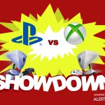 A graphic with a yellow starburst in the center and two robots charging towards each other. Both are carrying video game system controllers. Text reads "AlertBot Showdown: Playstation vs XBox" with the word SHOWDOWN very large at the bottom.