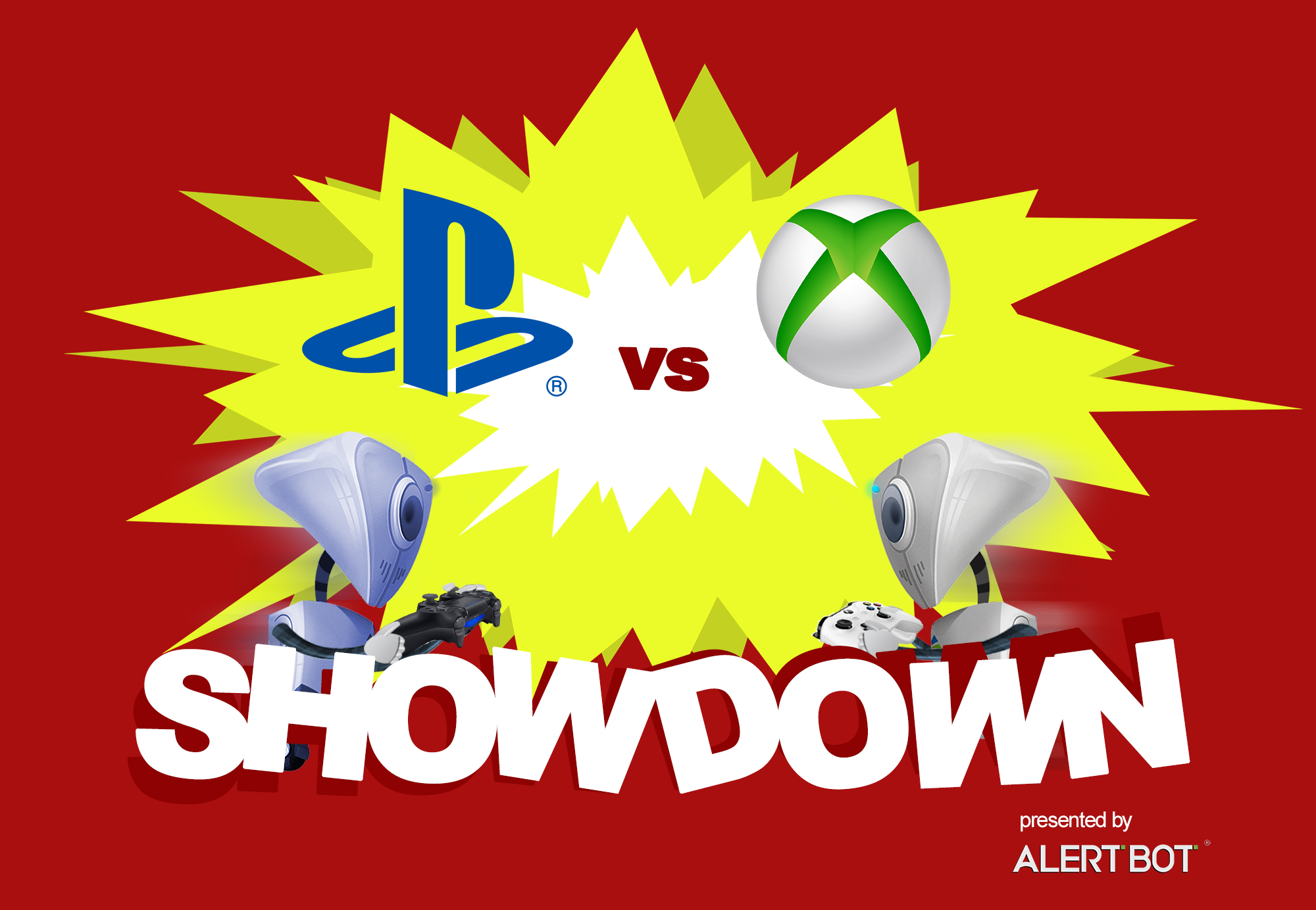 A graphic with a yellow starburst in the center and two robots charging towards each other. Both are carrying video game system controllers. Text reads "AlertBot Showdown: Playstation vs XBox" with the word SHOWDOWN very large at the bottom.