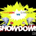 A graphic with a yellow starburst in the center and two robots charging towards each other. Both are carrying membership cards and ticket stubs. Text reads "AlertBot Showdown: moviepass vs sinemia" with the word SHOWDOWN very large at the bottom.
