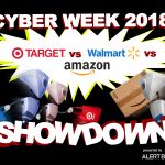 A graphic with a yellow starburst in the center and two robots charging towards a third robot. The two on the left are carrying shopping bags. The one on the right is carrying a box. The text reads "Cyber Week 2018 - AlertBot Showdown: Target vs Walmart vs Amazon" with the word SHOWDOWN very large at the bottom.