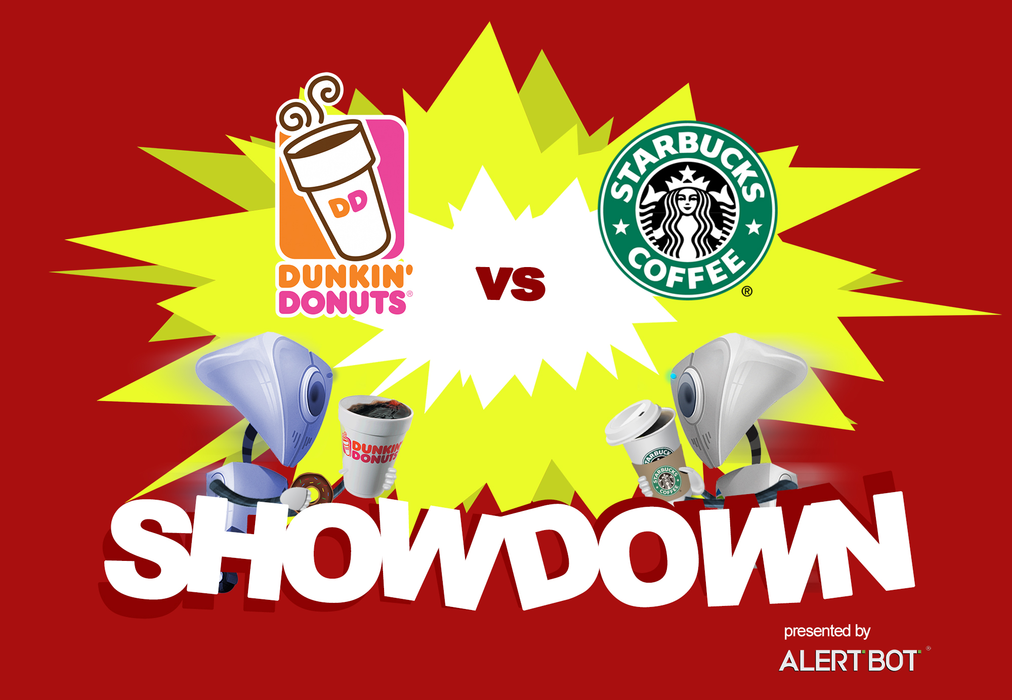 A graphic with a yellow starburst in the center and two robots charging towards each other. Both are carrying travel cups of coffee. Text reads "AlertBot Showdown: Dunkin Donuts vs Starbucks Coffee" with the word SHOWDOWN very large at the bottom.