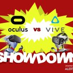 A graphic with a yellow starburst in the center and two robots charging towards each other. Both are wearing Virtual Reality head sets and holding the controls. Text reads "AlertBot Showdown: Oculus vs Vive" with the word SHOWDOWN very large at the bottom.