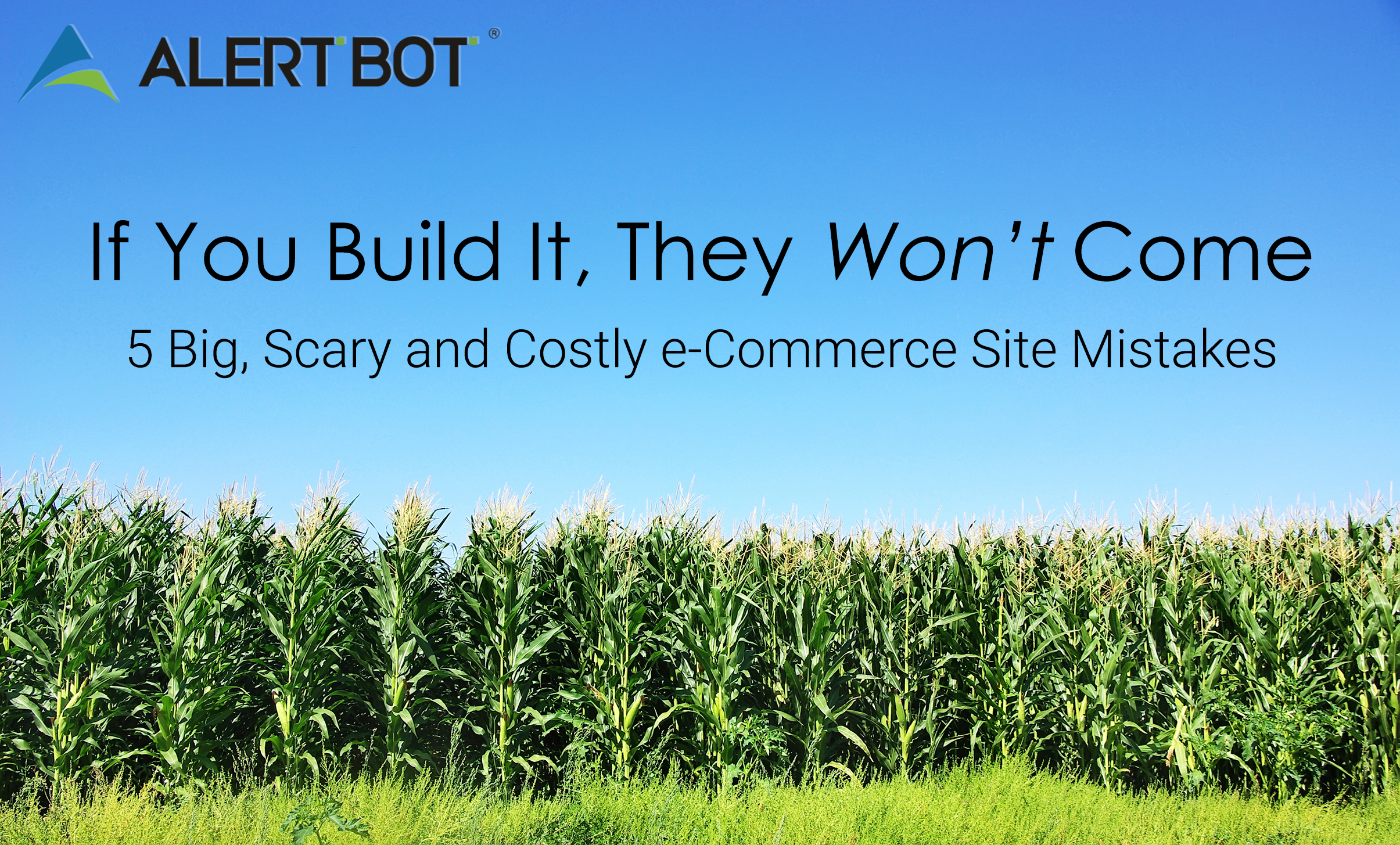 Photograph of a corn field set against a bright blue sky. Test on it reads "If You Build It, They Won&rsquo;t Come: 5 Big, Scary and Costly e-Commerce Site Mistakes"