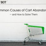 Image of a shopping cart with green trim set against a white wall. Text on the image reads "4 Common Causes of Cart Abandonment &mdash; and How to Solve Them"