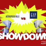 A graphic with a yellow starburst in the center and two robots charging towards each other. Both are carrying shopping bags. Text reads "AlertBot Showdown: Aeropostale vs GAP" with the word SHOWDOWN very large at the bottom.