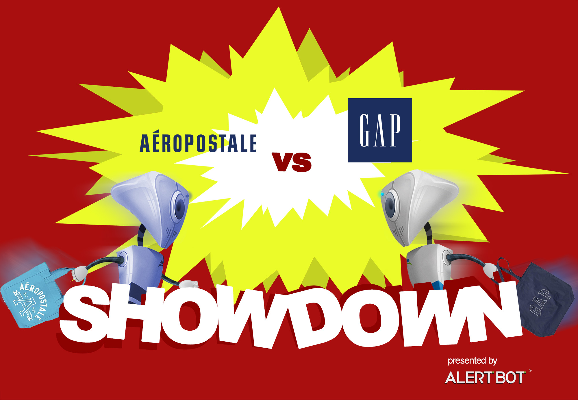 A graphic with a yellow starburst in the center and two robots charging towards each other. Both are carrying shopping bags. Text reads "AlertBot Showdown: Aeropostale vs GAP" with the word SHOWDOWN very large at the bottom.