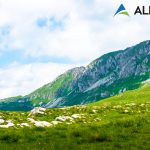 A beautiful photo of a grassy field with a mountain range in the background.