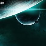 A rendering of a planet in the foreground and a planet behind that with a little moon to the bottom right of it. A Star Trek starship shows small off to the top right.