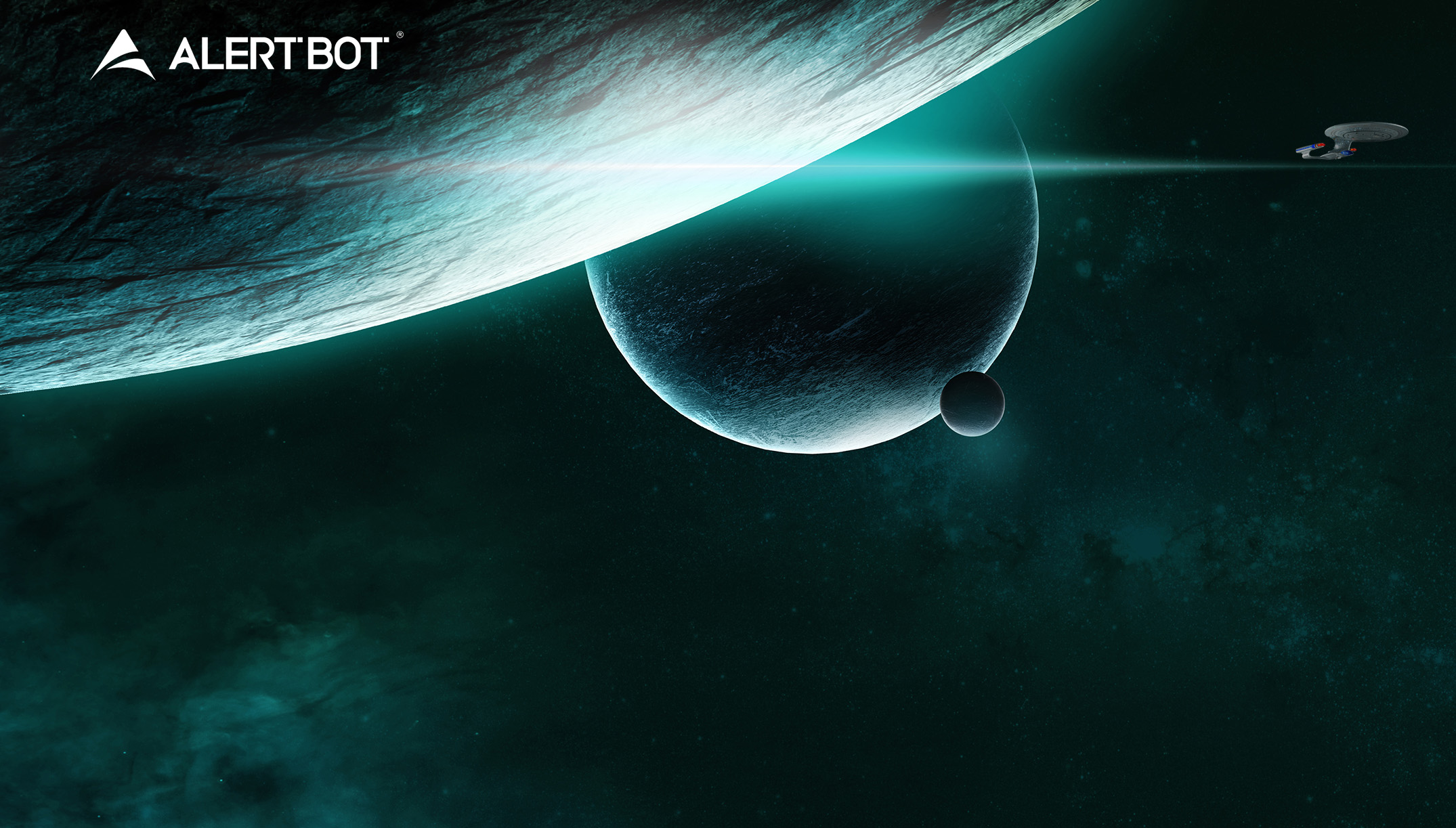 A rendering of a planet in the foreground and a planet behind that with a little moon to the bottom right of it. A Star Trek starship shows small off to the top right.
