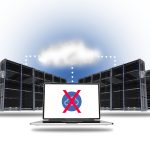 A image of multiple server racks on either side of a laptop in the foreground. The laptop screen shows a cloud graphic with an "X" over it. Text on the image reads "3 Reasons Why It&rsquo;s a Bad Idea to Buy Site Monitoring from Your Web Host"