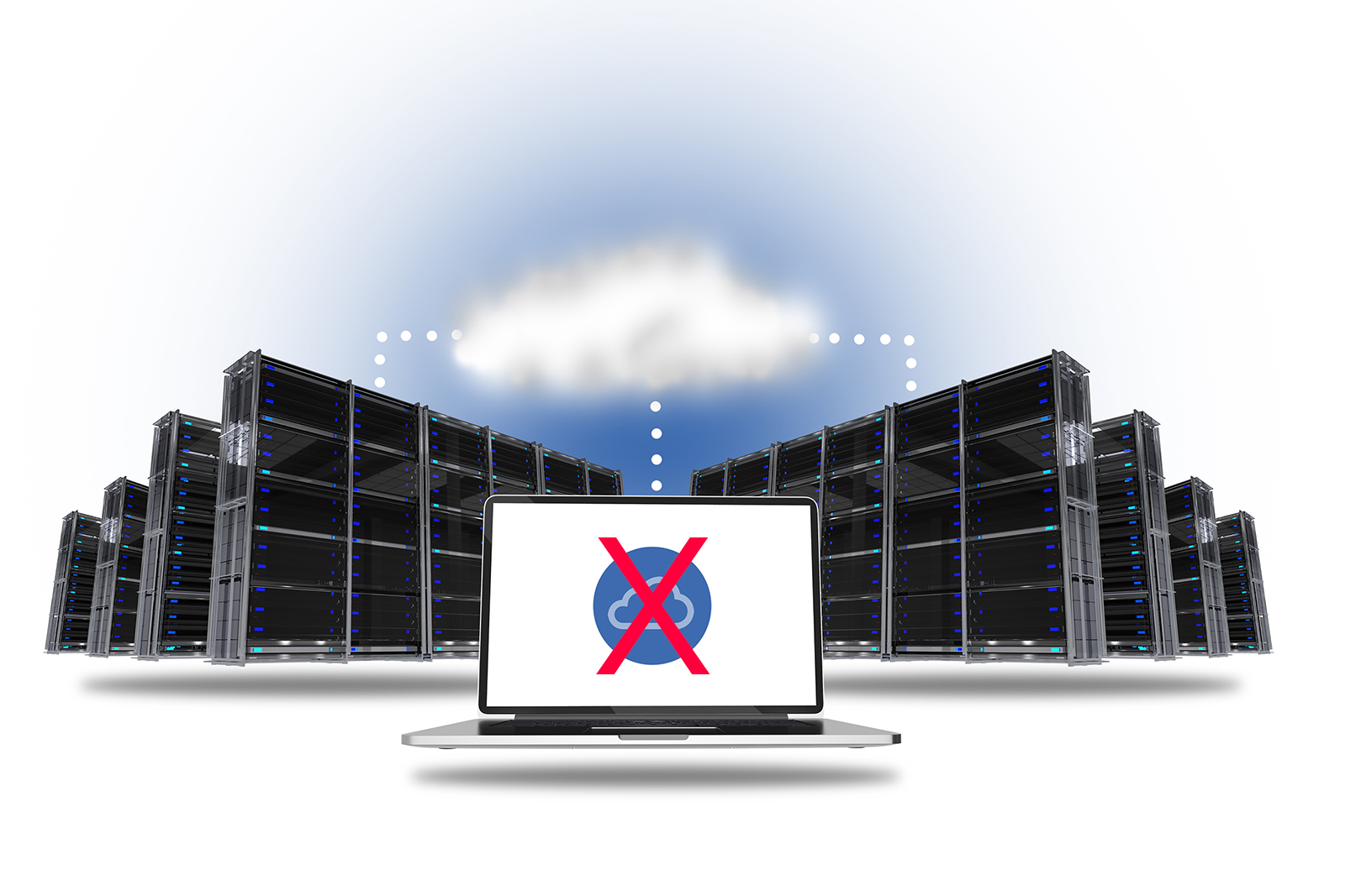 A image of multiple server racks on either side of a laptop in the foreground. The laptop screen shows a cloud graphic with an "X" over it. Text on the image reads "3 Reasons Why It&rsquo;s a Bad Idea to Buy Site Monitoring from Your Web Host"