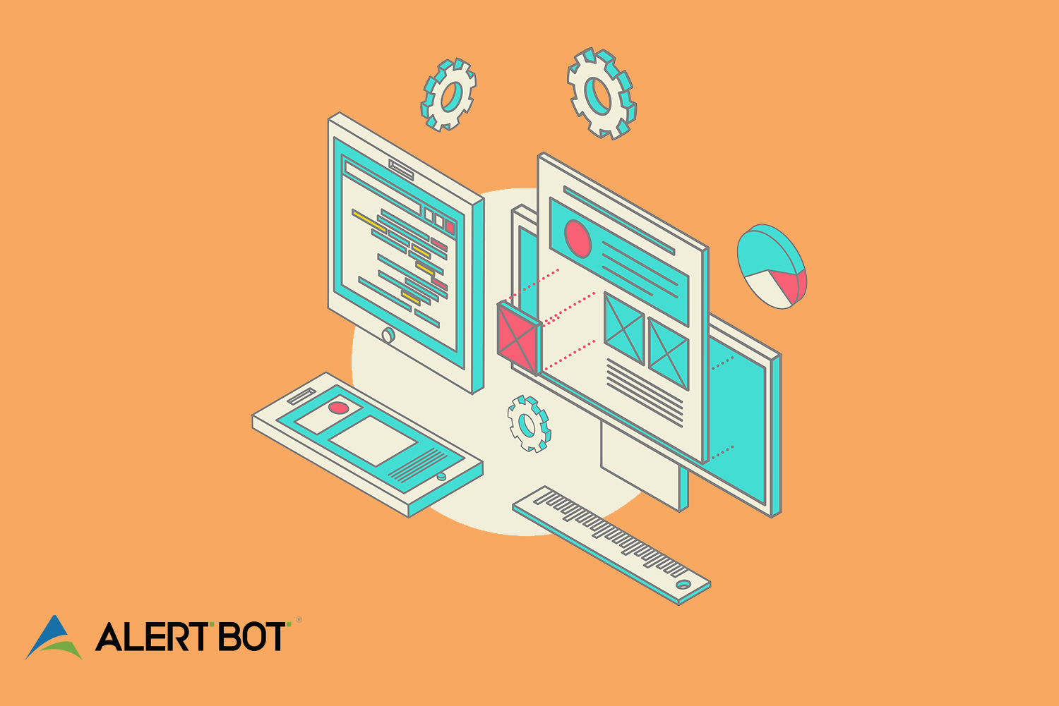 A graphic with an orange background and graphics of gears, charts and browser screens in the foreground.