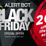 Graphich displaying large text that reads "AlertBot Black Friday" with smaller text that reads "Special Offer Valid November 22 thru 29, 2021. Get 20% off the life of your account! All New Accounts Get 20% off their plan! Signup now at AlertBot.com Promo Code 2021BF20"