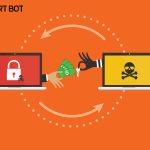 Graphic showing two computer monitors with hands coming out of the sides of them. The screen on the left shows a lock symbol with a hand reaching out to offer money to the other hand, which is coming out of a laptop with a skull and crossbones graphic on the screen. The hand receiving the money is holding out a key to the other hand in exchange for the money.