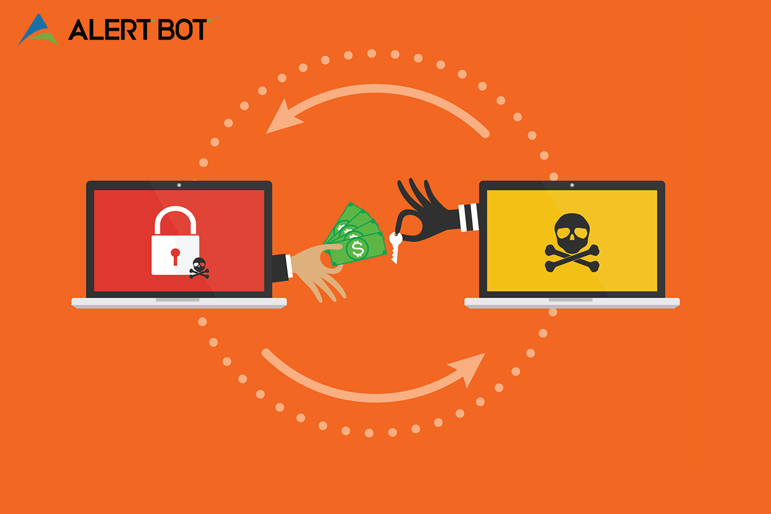 Graphic showing two computer monitors with hands coming out of the sides of them. The screen on the left shows a lock symbol with a hand reaching out to offer money to the other hand, which is coming out of a laptop with a skull and crossbones graphic on the screen. The hand receiving the money is holding out a key to the other hand in exchange for the money.