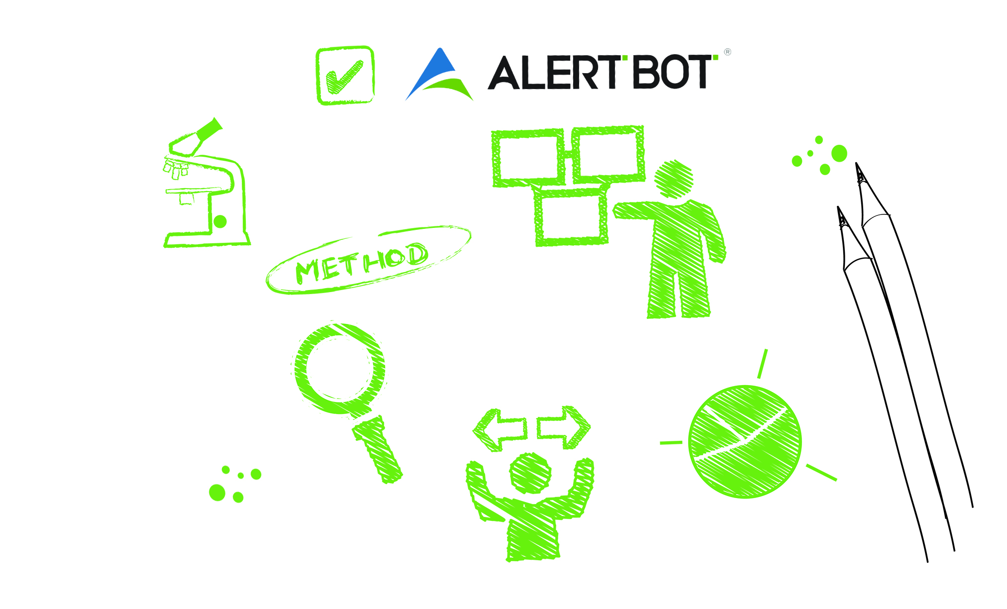 Graphic of technical items featuring a check mark, a man pointing at squares, the word "method" circled, a microscope, magnifying glass and a pie chart.