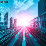 AlertBot Blog title "Unleashing the Web Guru: How Website Monitoring Boosts Traffic" with futuristic looking city with data ones and zeroes in the sky on the left and a road with a bright light in the center of the picture.