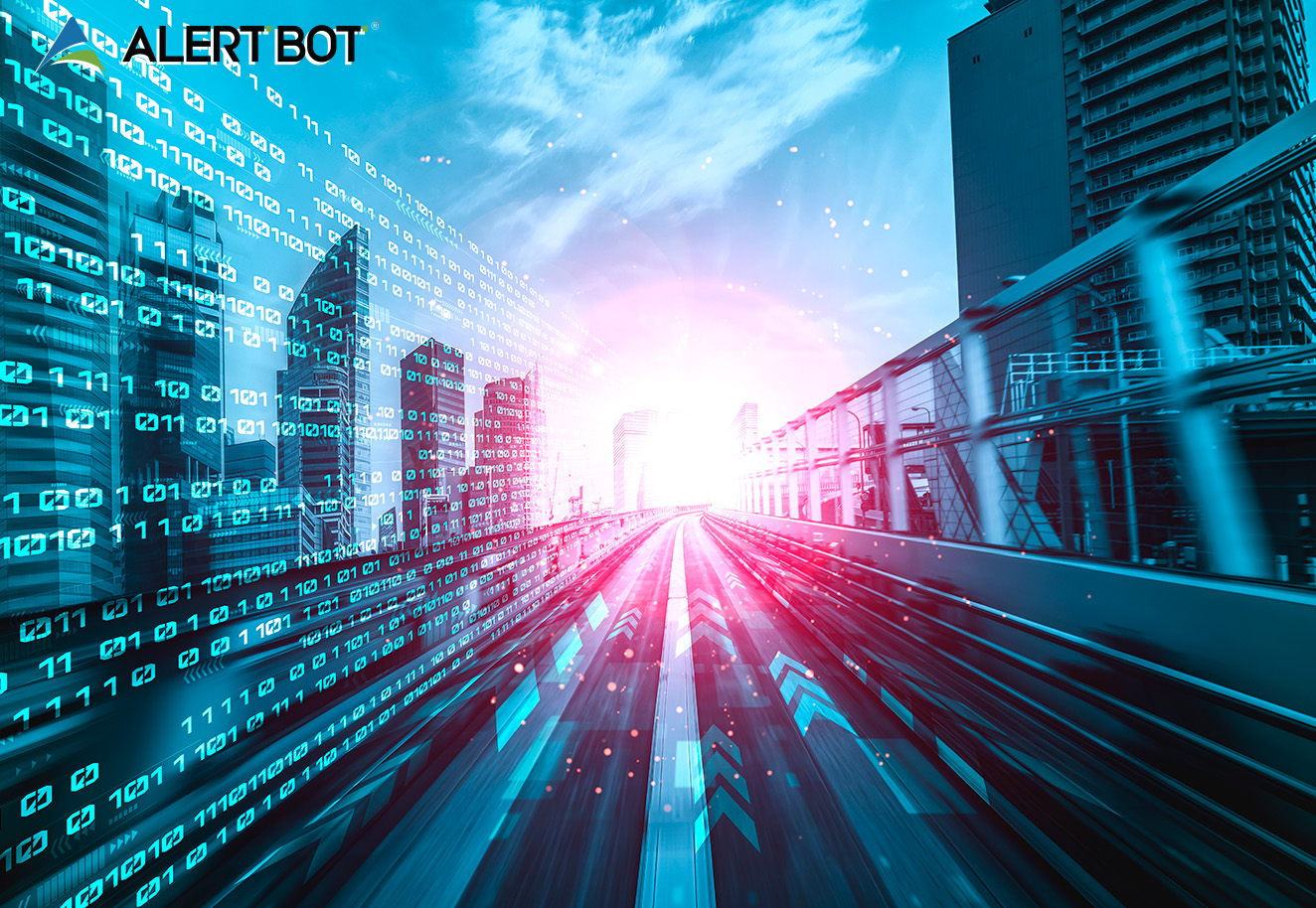 AlertBot Blog title "Unleashing the Web Guru: How Website Monitoring Boosts Traffic" with futuristic looking city with data ones and zeroes in the sky on the left and a road with a bright light in the center of the picture.