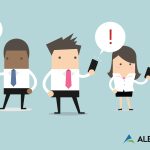 AlertBot Blog titled "A Closer Look at AlertBot's Alert Group Feature" with a cartoony graphic of an African American man, a caucassian man, and a caucassian woman all with cell phones in their hands with exclamation point alerts coming off of the phones.