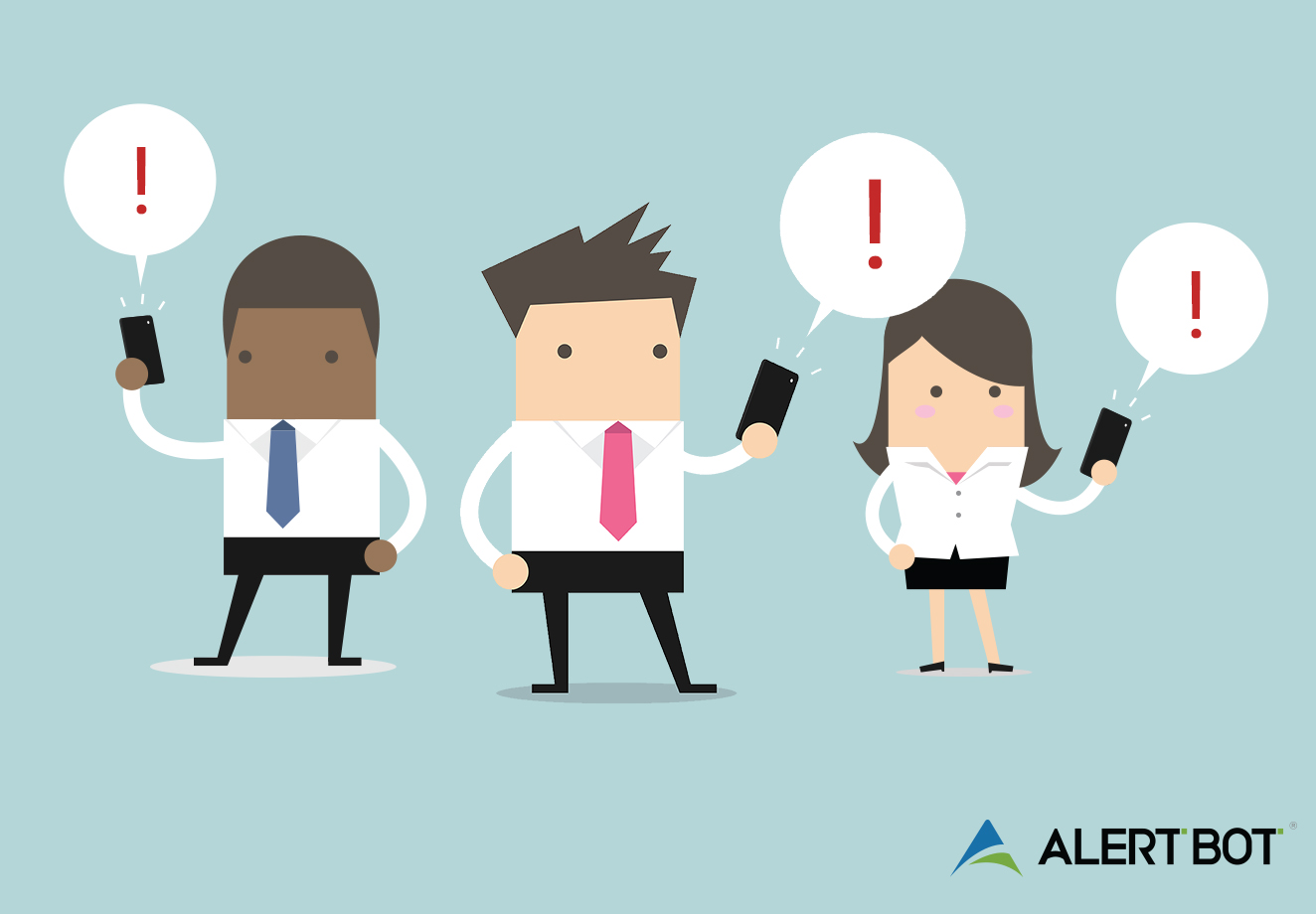 AlertBot Blog titled "A Closer Look at AlertBot's Alert Group Feature" with a cartoony graphic of an African American man, a caucassian man, and a caucassian woman all with cell phones in their hands with exclamation point alerts coming off of the phones.